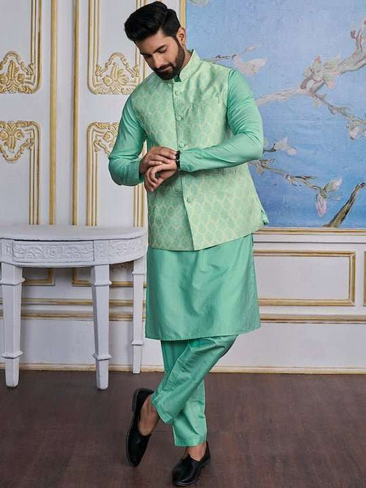 Turquoise Woven Design Nehru Jacket - Inddus.com