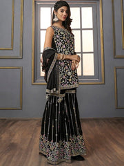 V-Neck Floral Embroidered Sequinned Detailed Kurta & Sharara With Dupatta - Inddus.com