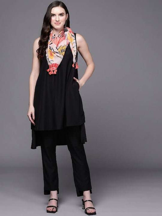 V-Neck High-Low A-Line Kurta with Trousers - Inddus.com