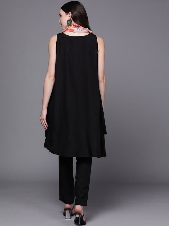 V-Neck High-Low A-Line Kurta with Trousers - Inddus.com