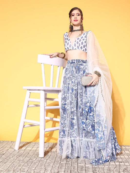 White & Blue Printed Sequinned Semi-Stitched Lehenga & Unstitched Blouse With Dupatta - Inddus.com