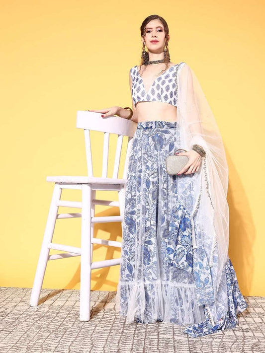 White & Blue Printed Sequinned Semi-Stitched Lehenga & Unstitched Blouse With Dupatta - Inddus.com