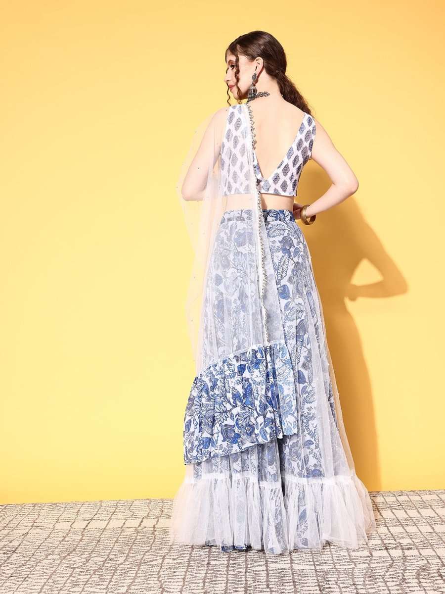 White & Blue Printed Sequinned Semi-Stitched Lehenga & Unstitched Blouse With Dupatta - Inddus.com