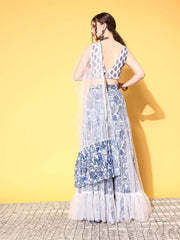 White & Blue Printed Sequinned Semi-Stitched Lehenga & Unstitched Blouse With Dupatta - Inddus.com