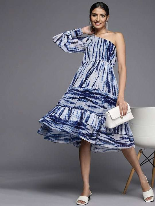 White & Blue Tie & Dyed One Shoulder Layered Chiffon A-Line Midi Dress - Inddus.com