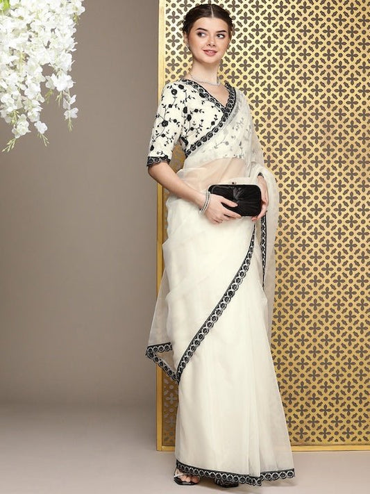 White Embroidered Organza Saree