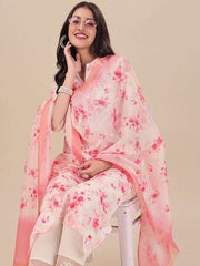 White Floral Printed Straight Kurta & Trousers With Dupatta - Inddus.com
