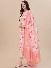 White Floral Printed Straight Kurta & Trousers With Dupatta - Inddus.com