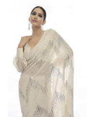 White Georgette Designer Saree - Inddus.com