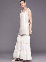 White Multi color Stripped Kurta with Tierred Sharara and Dupatta - inddus-us