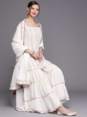 White Multi color Stripped Kurta with Tierred Sharara and Dupatta - inddus-us