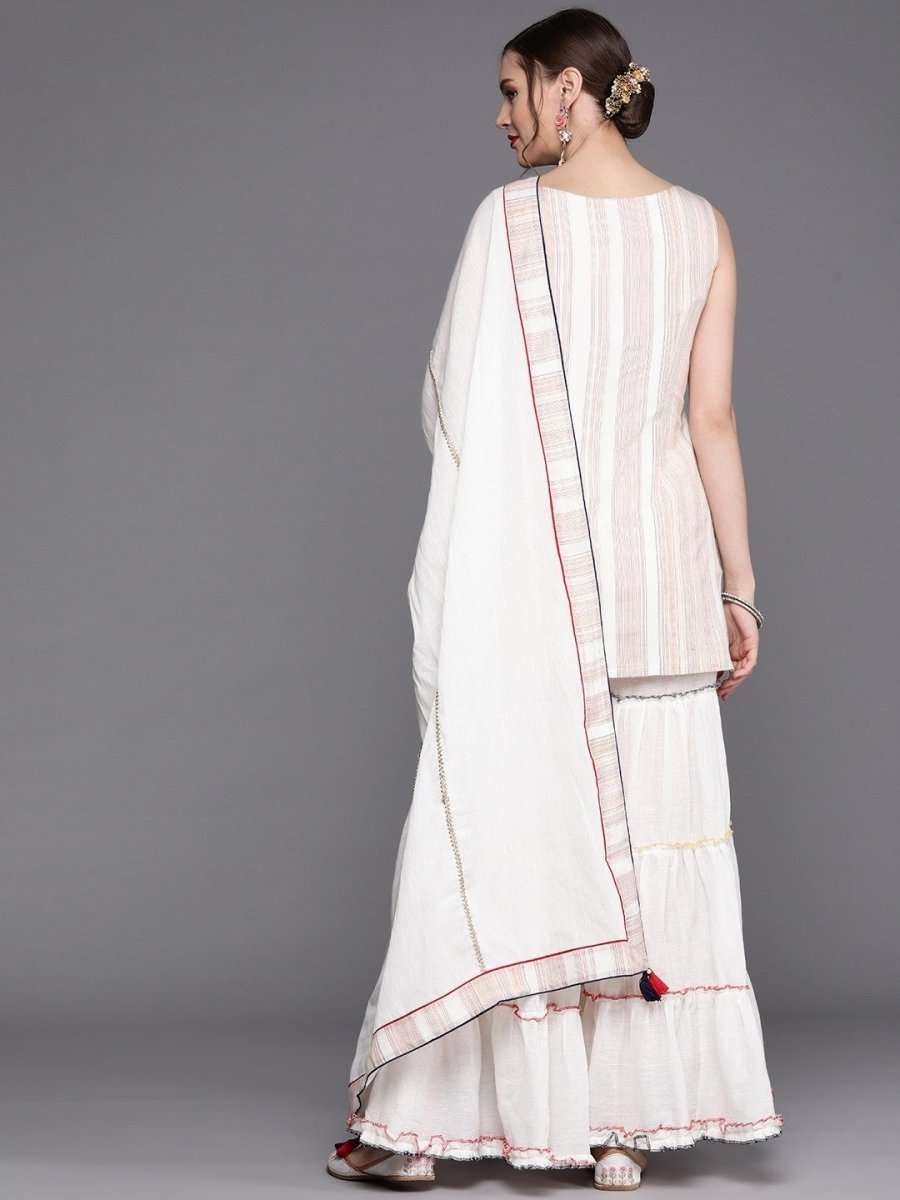 White Multi color Stripped Kurta with Tierred Sharara and Dupatta - inddus-us