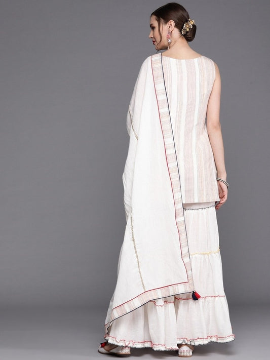 White Multi color Stripped Kurta with Tierred Sharara and Dupatta - inddus-us