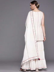 White Multi color Stripped Kurta with Tierred Sharara and Dupatta - inddus-us