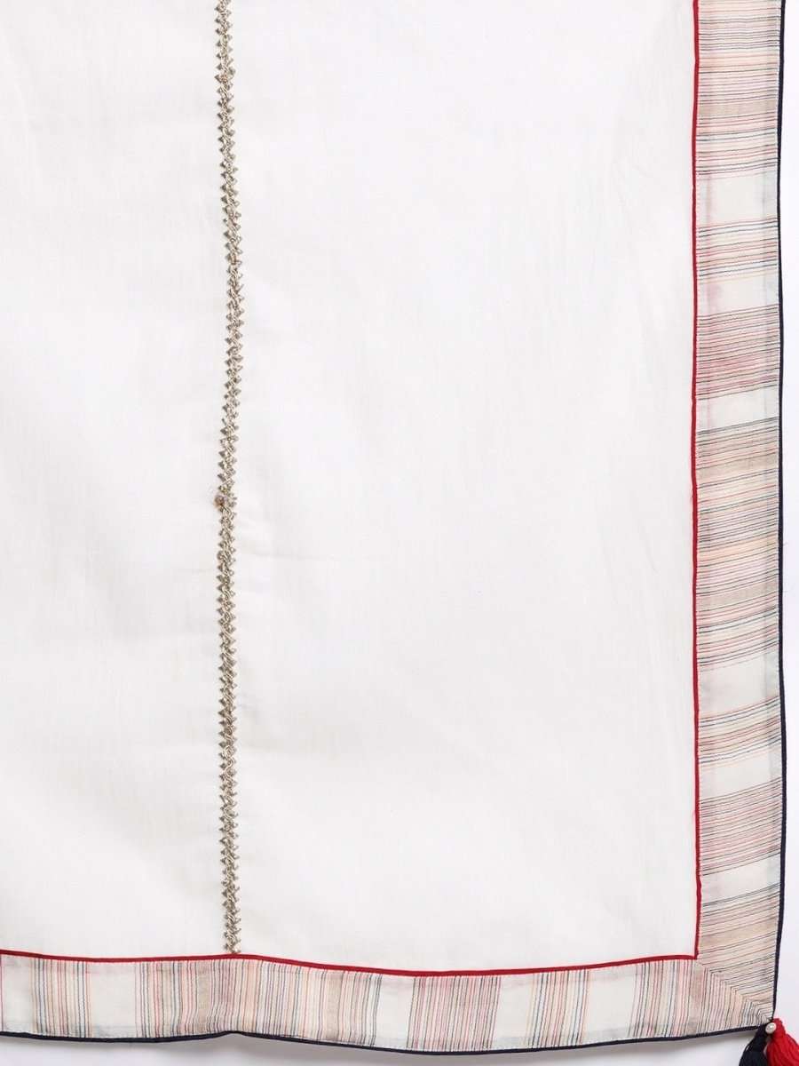White Multi color Stripped Kurta with Tierred Sharara and Dupatta - inddus-us
