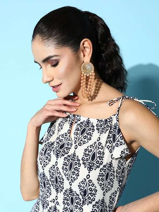 White & Navy Blue Floral Print Maxi Tiered Ethnic Dress - Inddus.com
