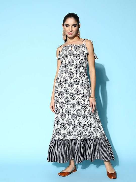 White & Navy Blue Floral Print Maxi Tiered Ethnic Dress - Inddus.com