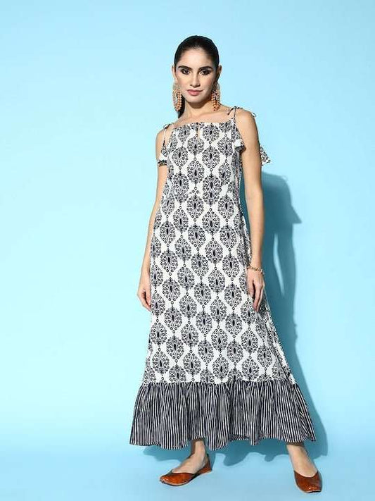 White & Navy Blue Floral Print Maxi Tiered Ethnic Dress - Inddus.com