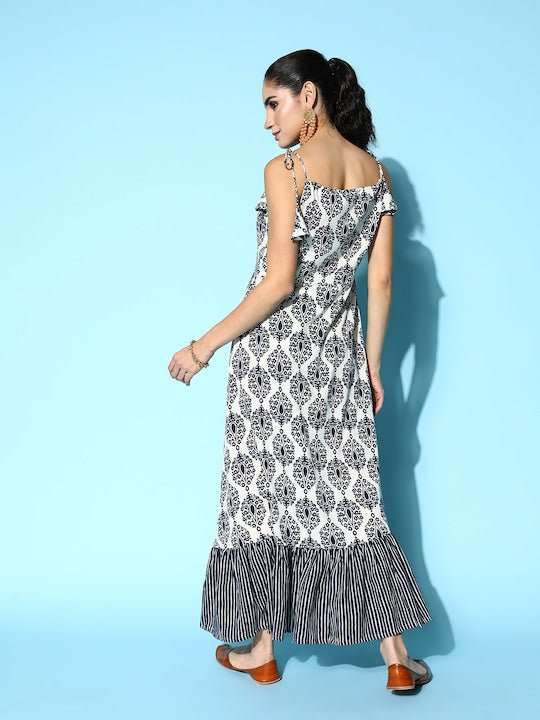 White & Navy Blue Floral Print Maxi Tiered Ethnic Dress - Inddus.com