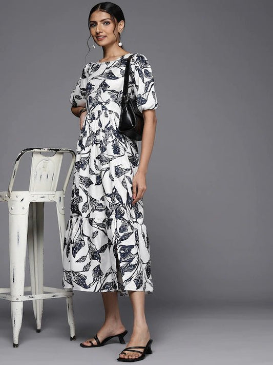 White & Navy Blue Leaf Print Ethnic Midi Dress - Inddus.com