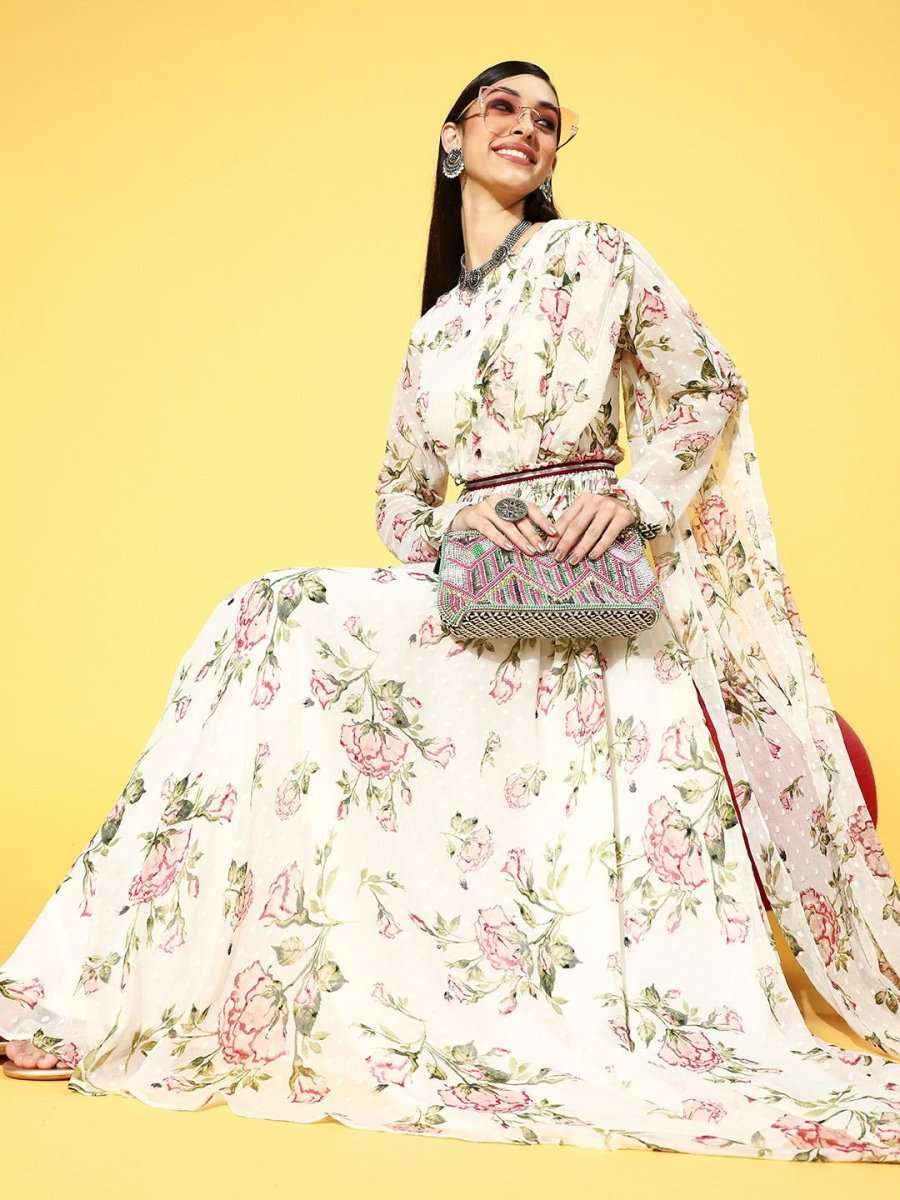 White Polyester Designer Floral Dresses - Inddus.com