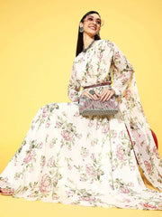 White Polyester Designer Floral Dresses - Inddus.com