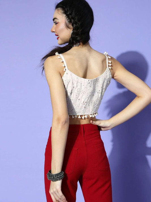 White Silk Blend Embroidered Crop Top - Inddus.com