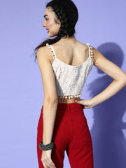 White Silk Blend Embroidered Crop Top - Inddus.com