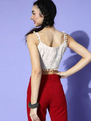 White Silk Blend Embroidered Crop Top - Inddus.com