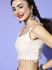 White Silk Blend Embroidered Crop Top - Inddus.com