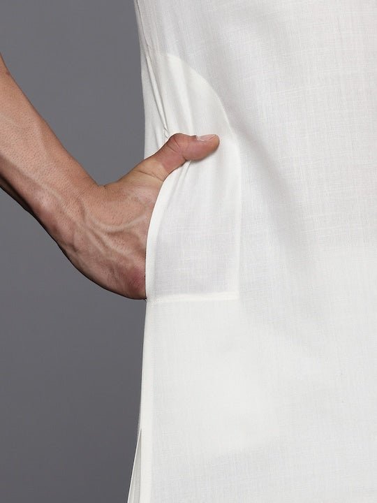 White Solid Linen Blend Pathani Kurta with Pyjamas - Inddus.com