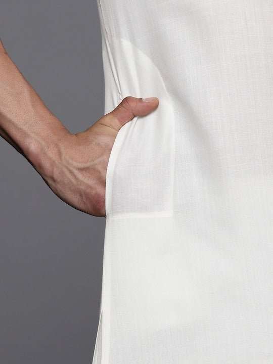 White Solid Linen Blend Pathani Kurta with Pyjamas - Inddus.com