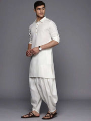 White Solid Linen Blend Pathani Kurta with Pyjamas - Inddus.com