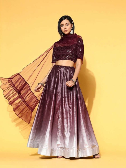 Wine Colour Lehenga with Blouse and Dupatta - Inddus.com