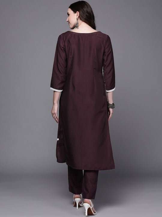 Wine-Coloured Lace Inserted Notched Neck Straight Kurta with Trousers - Inddus.com
