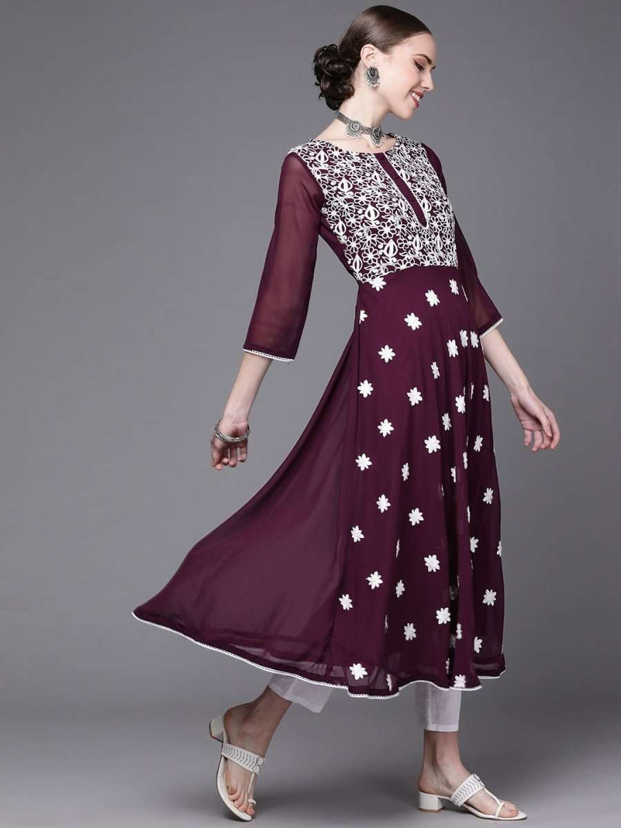Wine Embroidered Kurta - Inddus.com