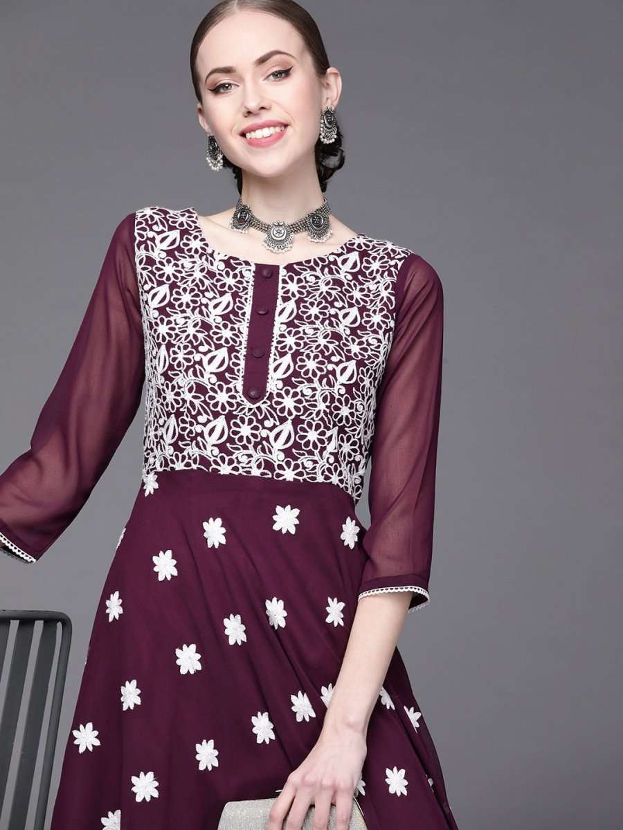 Wine Embroidered Kurta - Inddus.com