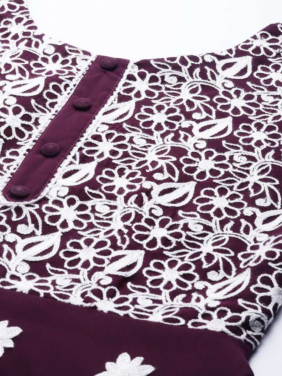 Wine Embroidered Kurta - Inddus.com