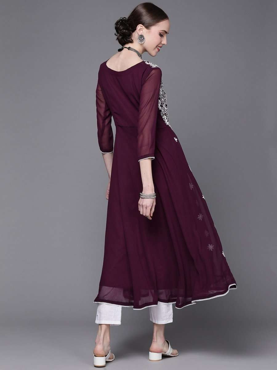 Wine Embroidered Kurta - Inddus.com