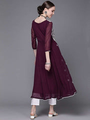 Wine Embroidered Kurta - Inddus.com