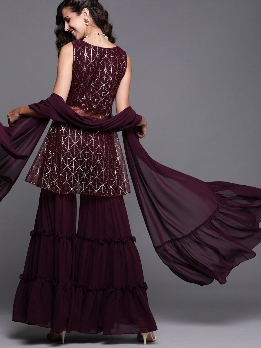 Wine Embroidered Kurta with Sharara and Dupatta - Inddus.com