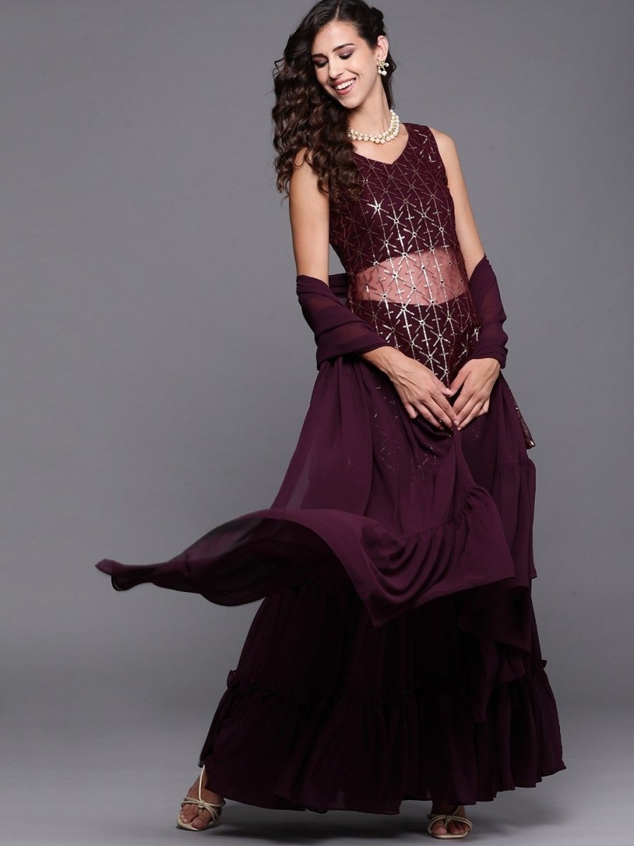 Wine Embroidered Kurta with Sharara and Dupatta - Inddus.com