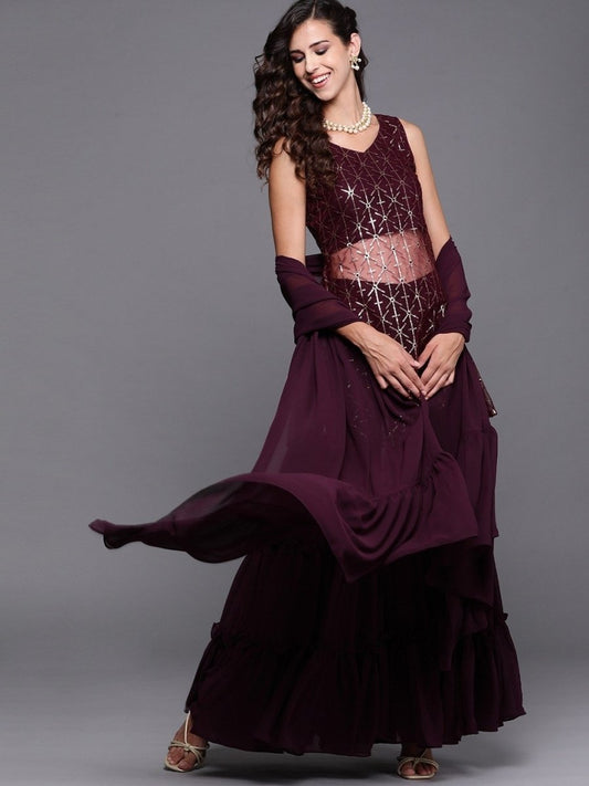 Wine Embroidered Kurta with Sharara and Dupatta - Inddus.com