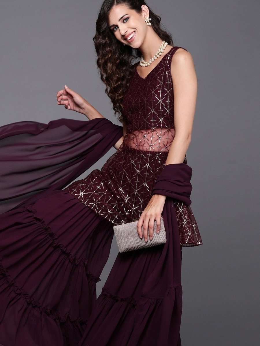 Wine Embroidered Kurta with Sharara and Dupatta - Inddus.com