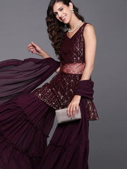 Wine Embroidered Kurta with Sharara and Dupatta - Inddus.com