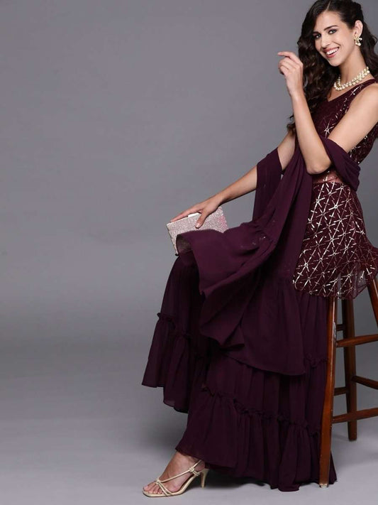 Wine Embroidered Kurta with Sharara and Dupatta - Inddus.com