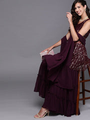 Wine Embroidered Kurta with Sharara and Dupatta - Inddus.com