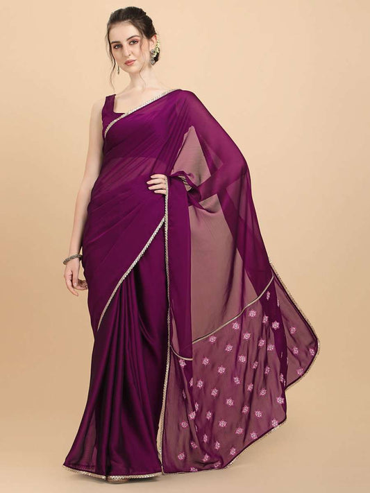 Wine Embroidered Silk Blend Saree - Inddus.com