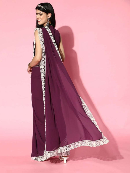 Wine Georgette Saree with Blouse Piece - Inddus.com