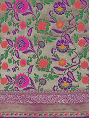 Wine & Green Floral Zari Silk Blend Saree - Inddus.com